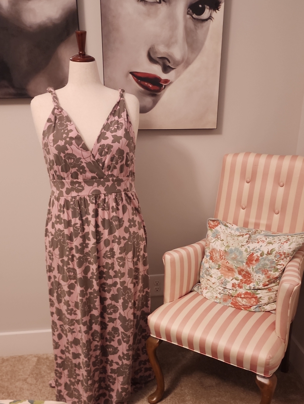 Garnet Hill Pink and Olive Floral Strapless Maxi Dress Size XL